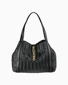 Front view of Valentino Fania Shopping Bag in black with quilted texture and bold gold logo detail