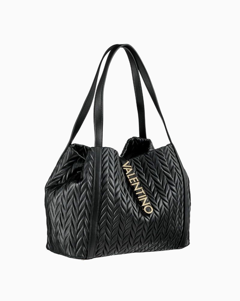 Side angle of black Valentino Fania bag showing roomy shape and sleek double strap design
