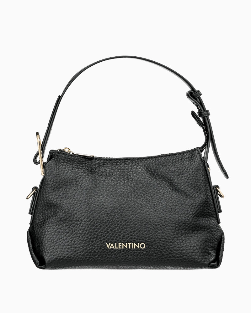 Valentino Farrah black shoulder bag in pebbled faux leather with gold logo and short handle strap
