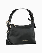 Side angle of Valentino black shoulder bag showing soft structure and gold hardware detail