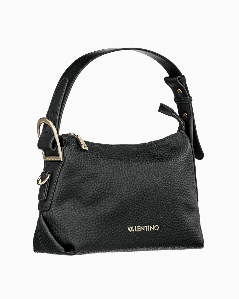 Side angle of Valentino black shoulder bag showing soft structure and gold hardware detail