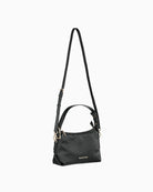 Slim side view of Valentino Farrah RE black shoulder bag showing compact size and curved silhouette
