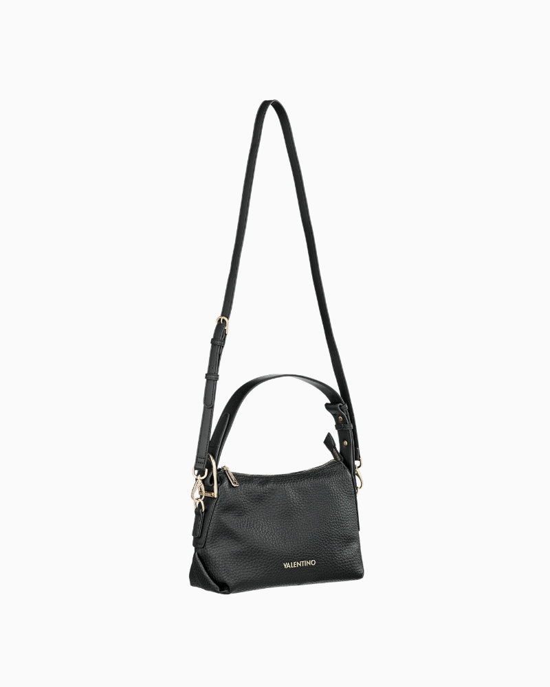 Slim side view of Valentino Farrah RE black shoulder bag showing compact size and curved silhouette