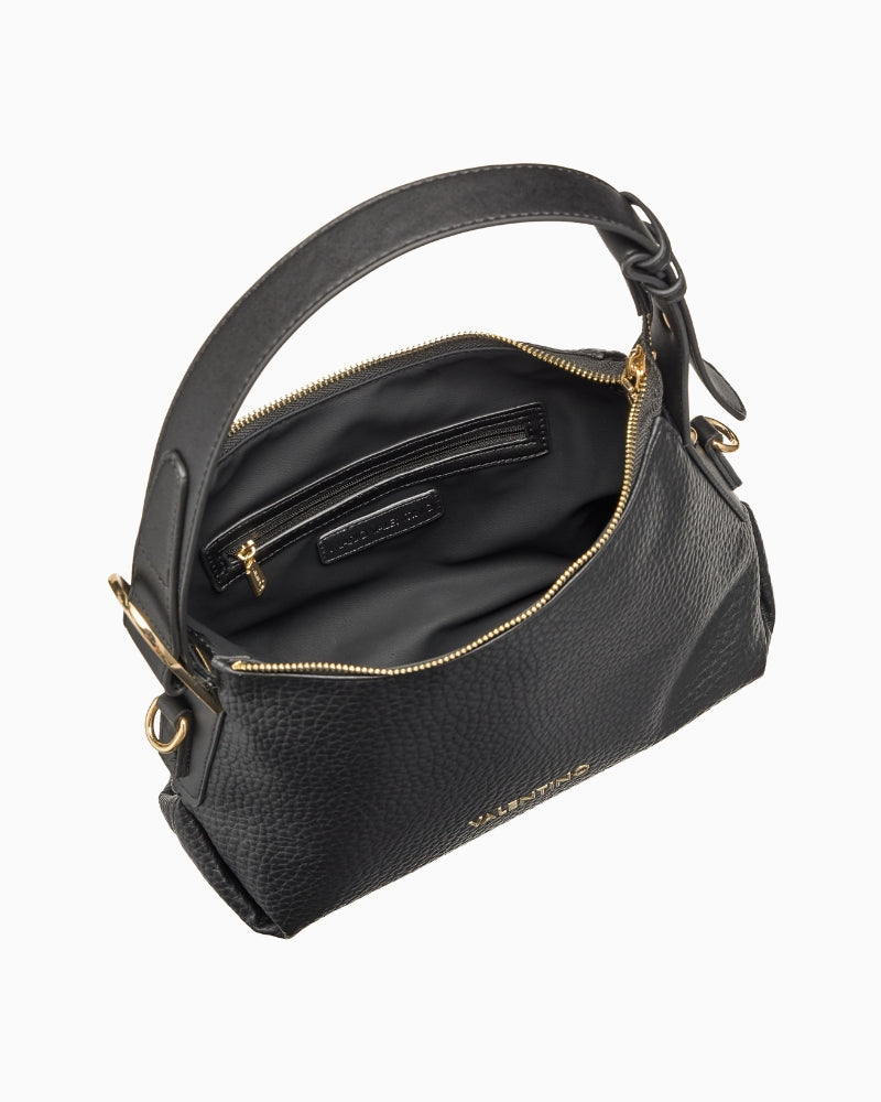 Top view of black Valentino Farrah bag showing zip-top opening and lined interior with gold-tone fittings