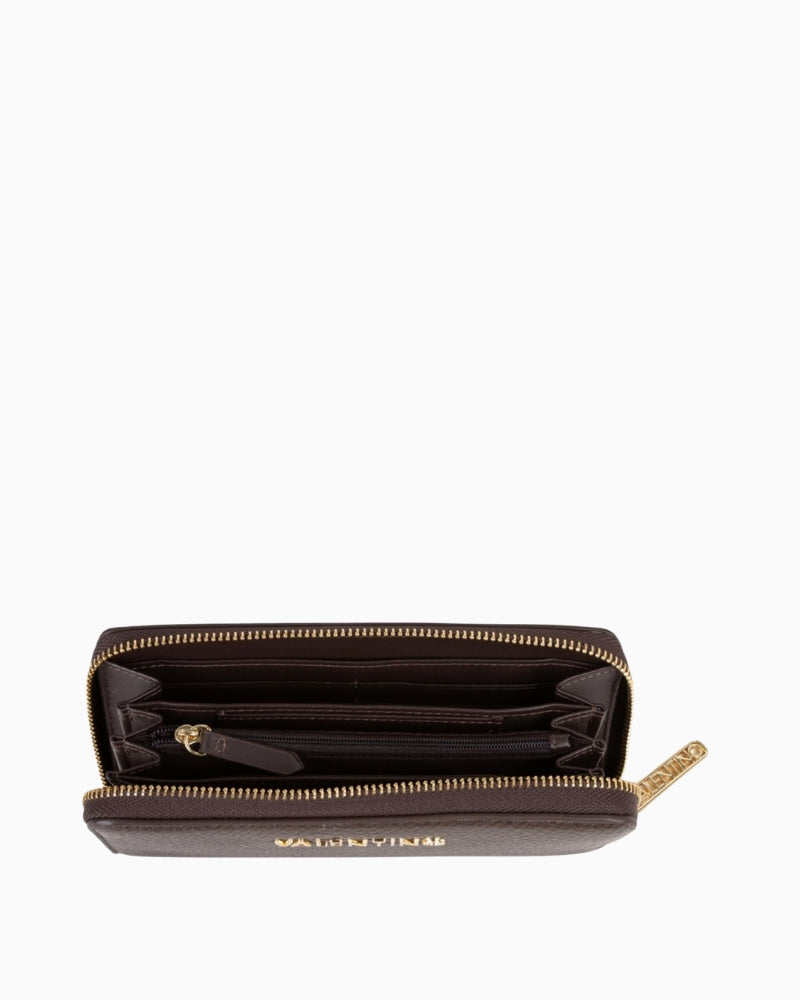 Valentino Maury Wallet in Brown open interior showing card slots, compartments and zipped coin pocket