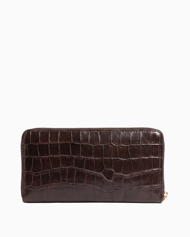 Valentino Opaline ZA Wallet in brown, back view showing glossy croc-effect embossed finish.