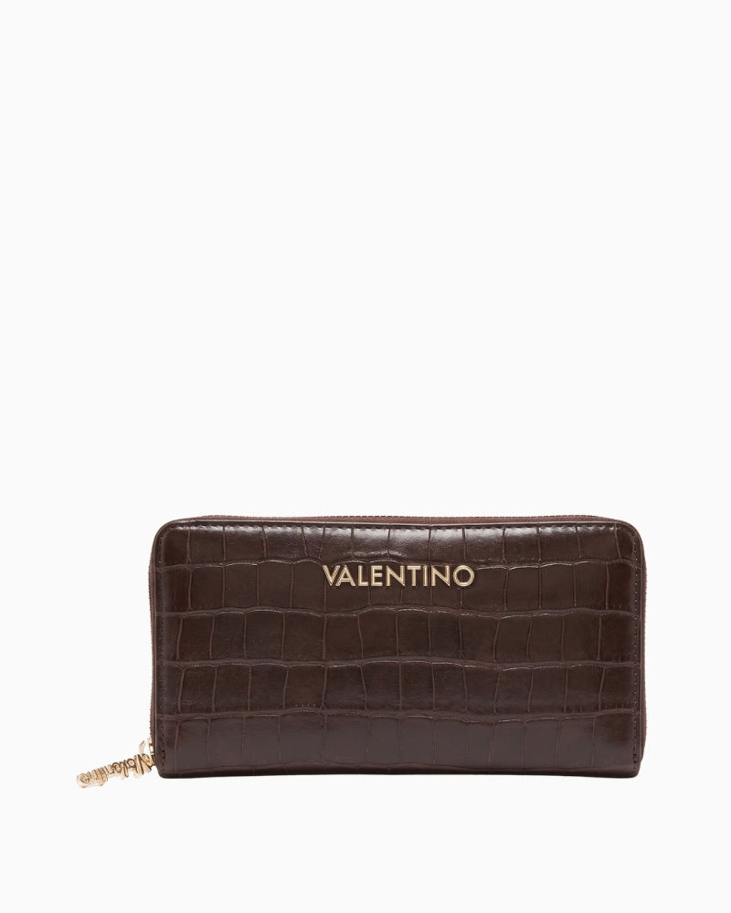 Valentino Opaline ZA Wallet in brown, front view showing croc-effect texture and gold-tone Valentino logo.