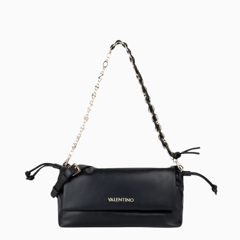 Valentino Robby Flap Bag in black front view with gold-tone logo and chain shoulder strap