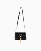 Front view of black Valentino Stella bag featuring flap closure and gold chain accent