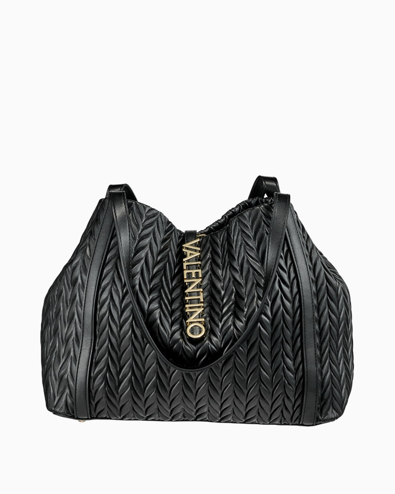 Valentino black Fania Shopping Bag with soft pleated leather and shoulder-length handles