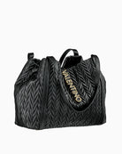 Side angle of black Valentino Fania bag showing roomy shape and sleek double strap design