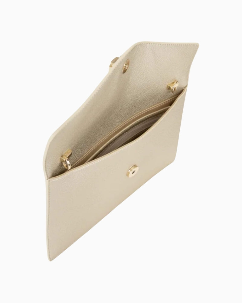Valentino metallic gold bag open view interior compartment