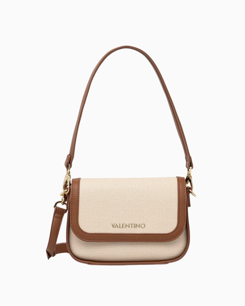 Valentino structured flap shoulder bag natural front view with flap closure