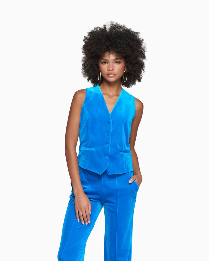 Vilagallo Agata velvet waistcoat in electric blue with button front
