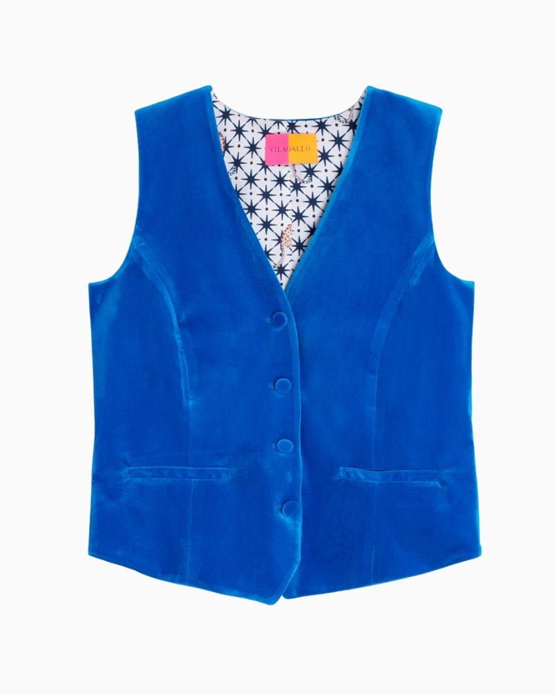 Front view of Vilagallo electric blue velvet vest with V-shaped hem