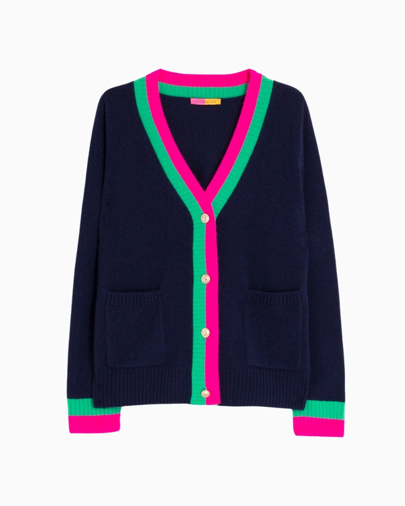Vilagallo navy wool cardigan with pink and green contrast trim and gold buttons