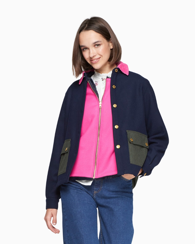 Vilagallo navy wool jacket with pink collar and green patch pockets
