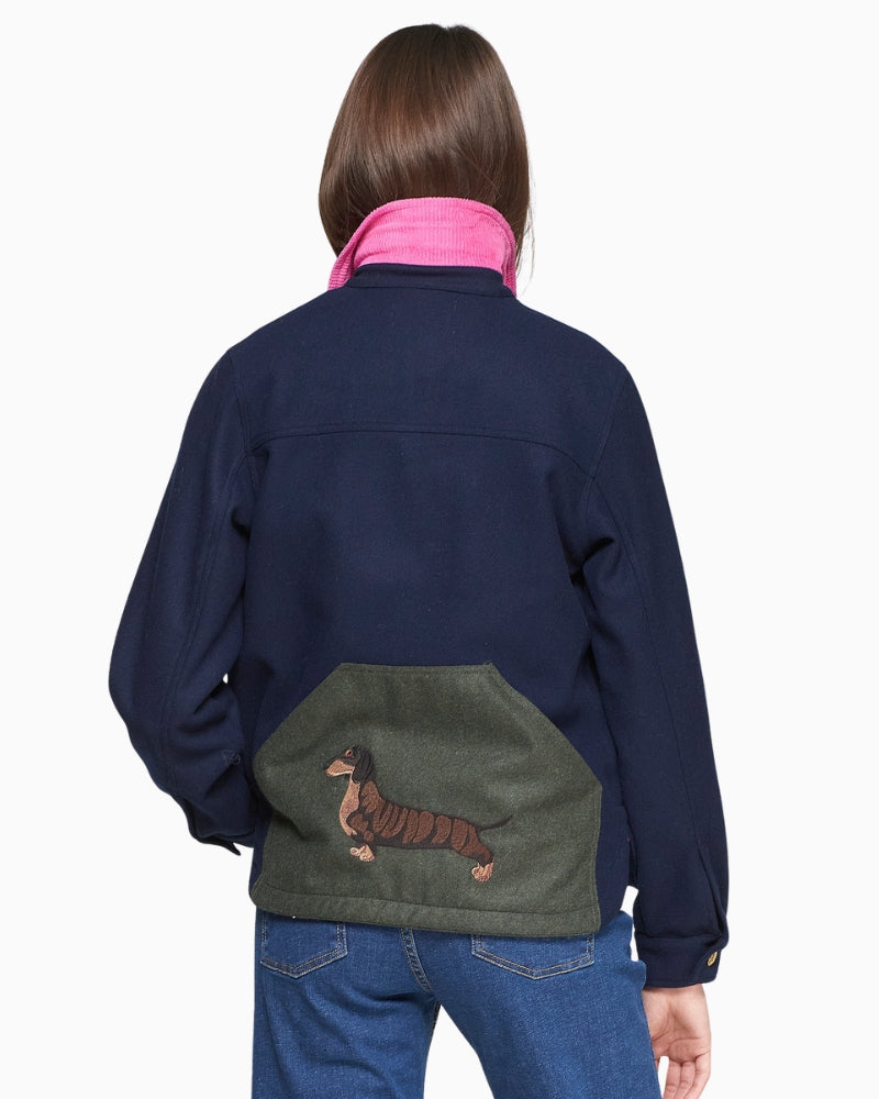 Women’s navy embroidered wool jacket with bright contrast details by Vilagallo