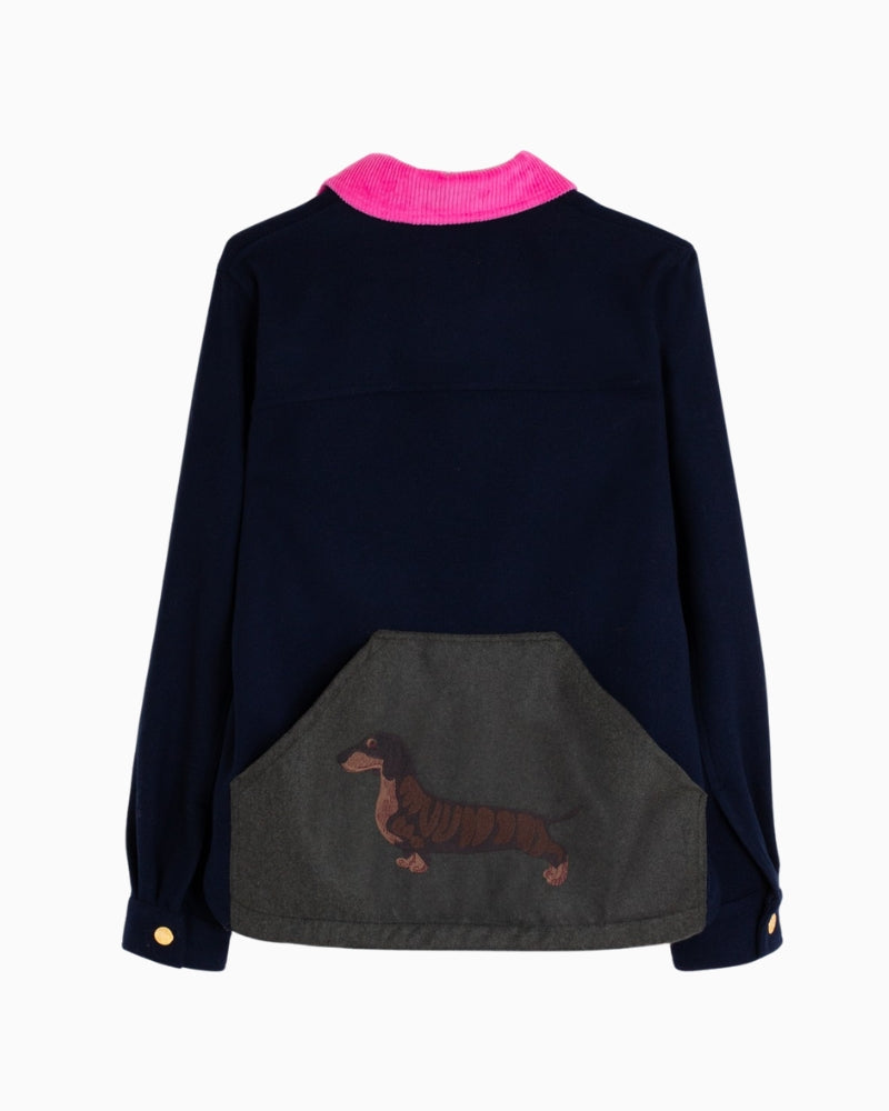 Back of Vilagallo jacket with large embroidered dachshund motif and contrast panel