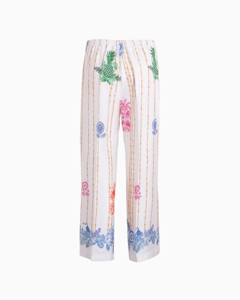 Vilagallo bamboo tropical print trousers back view white background – Áines Boutique