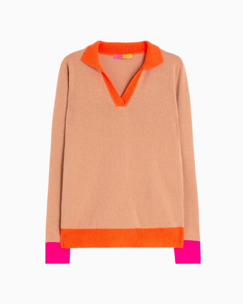 Vilagallo camel wool jumper with orange polo collar and pink cuffs