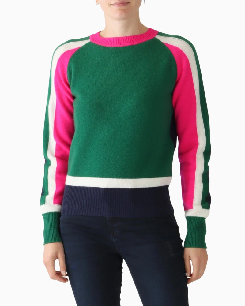 Vilagallo colour block wool sweater in green, pink, navy, and ecru