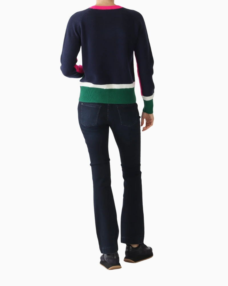 Back view of Vilagallo wool sweater showing bold colour block design