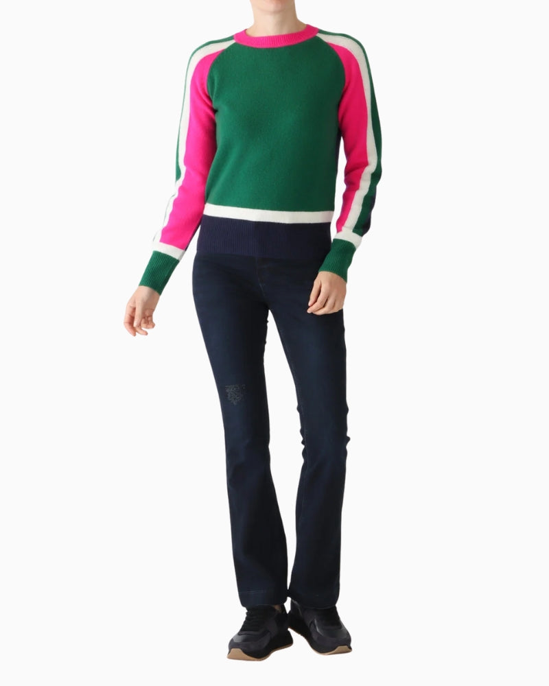 Vilagallo colour block sweater styled with jeans for casual wear