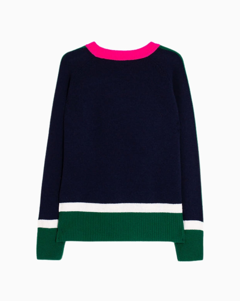 Back view of Vilagallo wool sweater showing bold colour block design