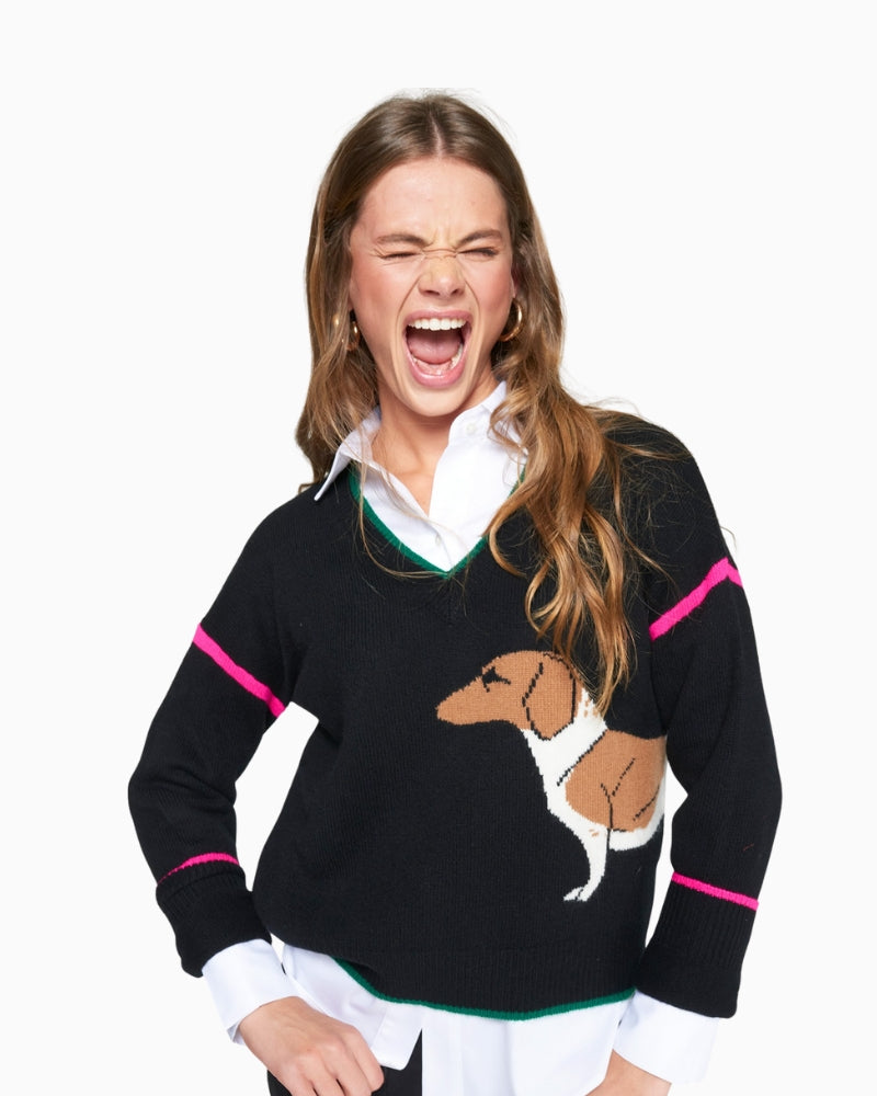 Vilagallo dachshund intarsia wool sweater with v-neck and contrast trim