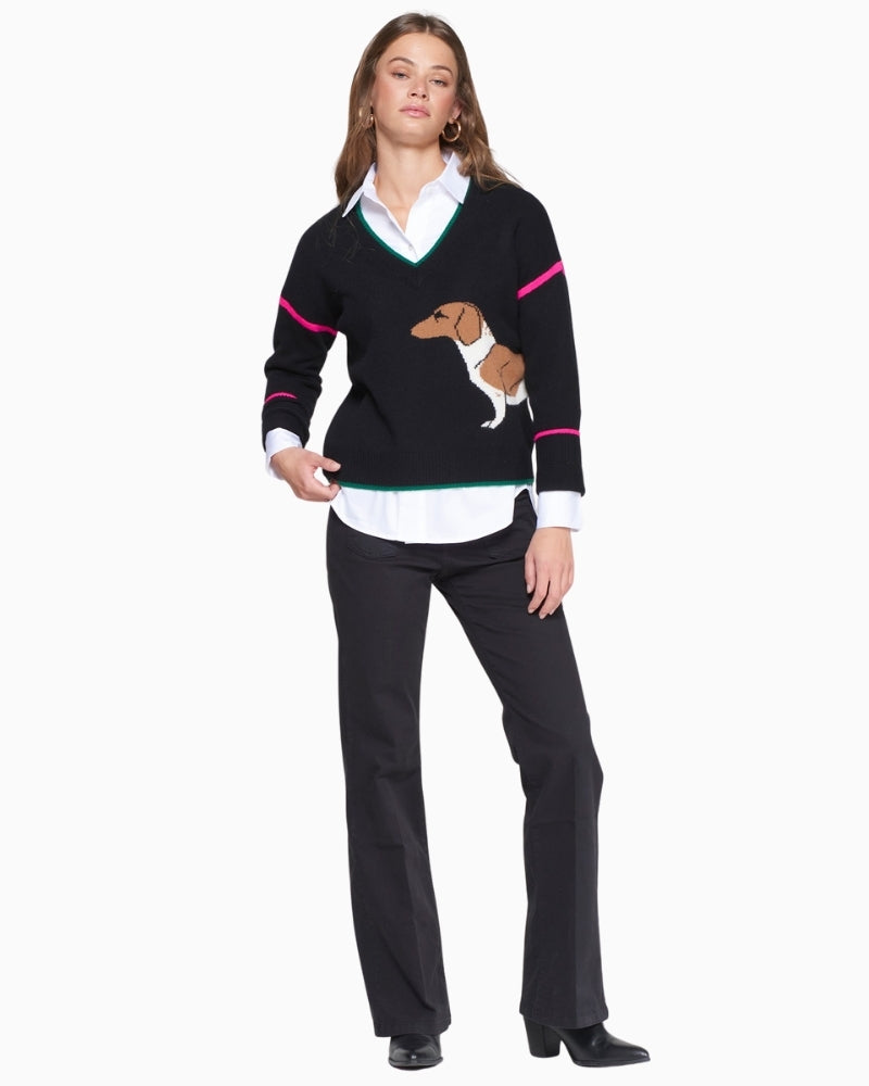 Vilagallo dachshund intarsia wool sweater with v-neck and contrast trim
