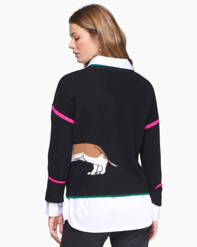 Back view of black dachshund motif jumper in wool knit