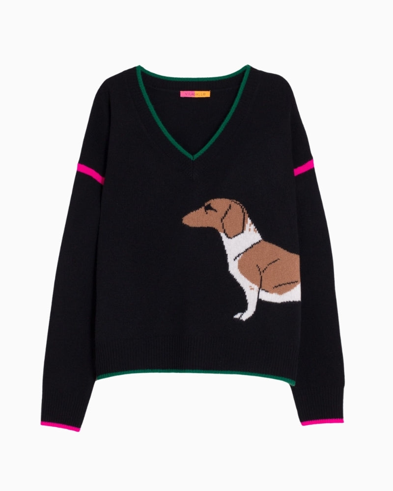 Vilagallo dachshund intarsia wool sweater with v-neck and contrast trim