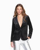 Vilagallo black velvet blazer with shimmer finish and tailored silhouette