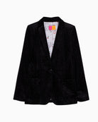 Front view of black shimmer jacket by Vilagallo with classic lapel and button fastening