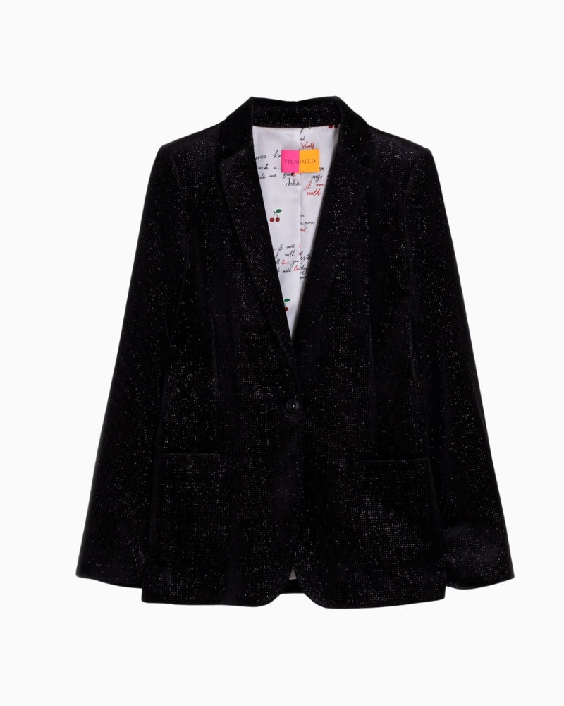 Front view of black shimmer jacket by Vilagallo with classic lapel and button fastening