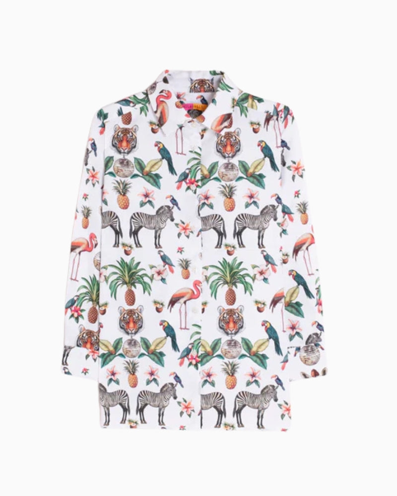 Vilagallo Jungle Disco print shirt white front view white background – Áines Boutique