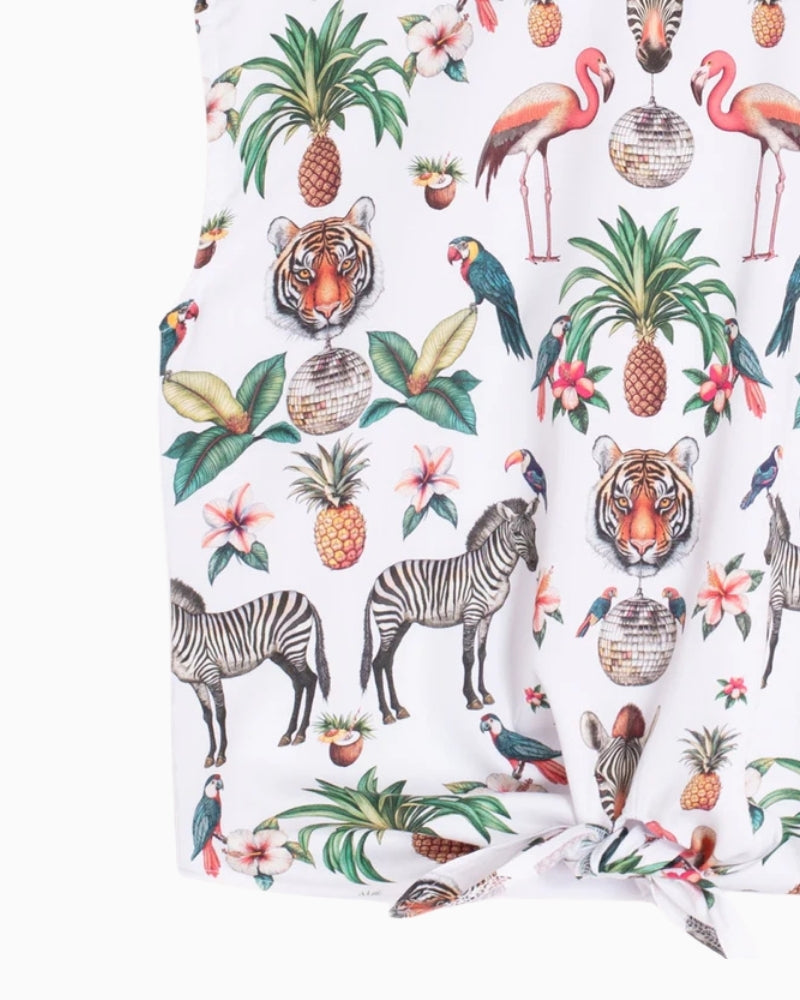 Vilagallo Jungle Disco print T-shirt close-up tropical detail – Áines Boutique