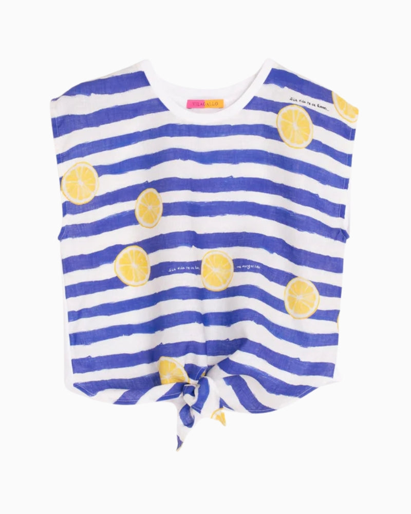 Vilagallo lemon stripe sleeveless top front view white background – Áines Boutique