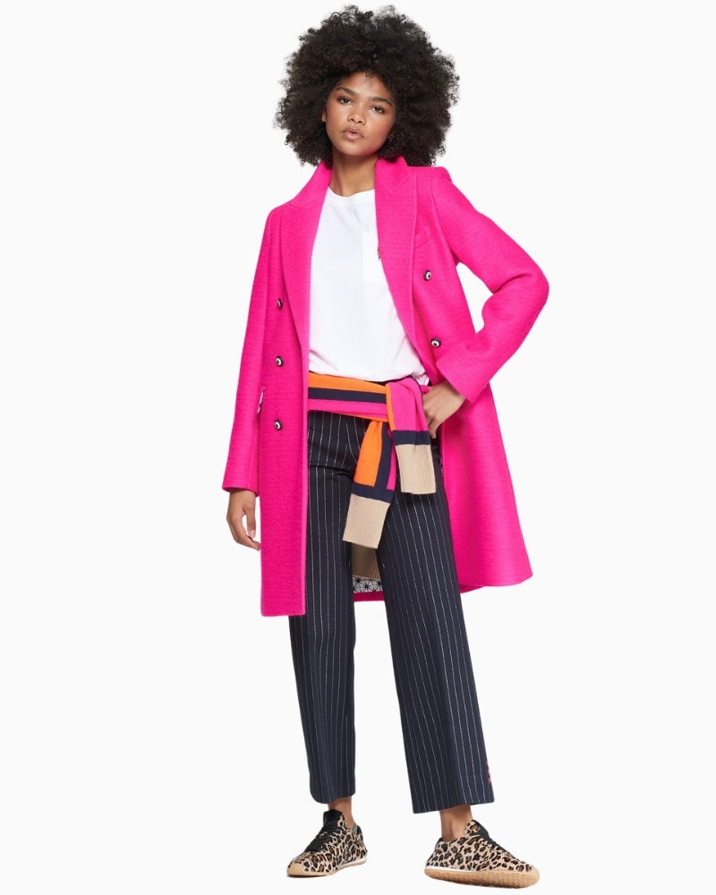 Vilagallo long fuchsia coat with double-breasted front and orange contrast collar