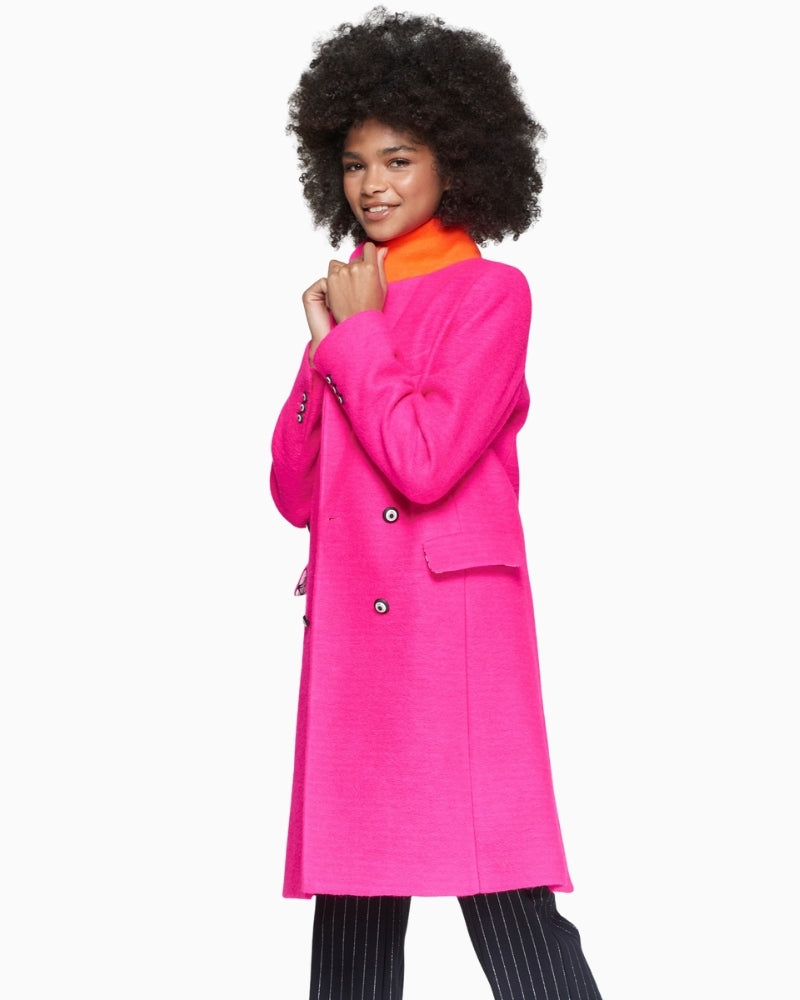 Side view of pink wool blend coat with flap and chest pocket