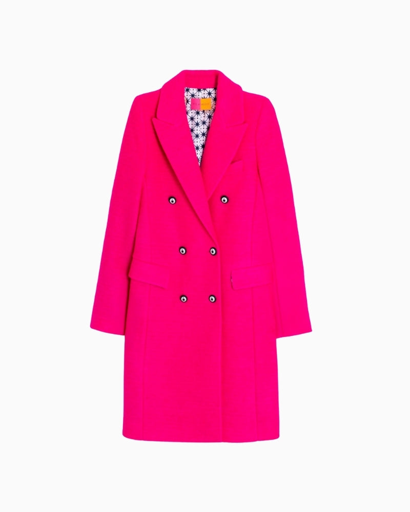 Front view of pink wool blend coat with flap and chest pocket
