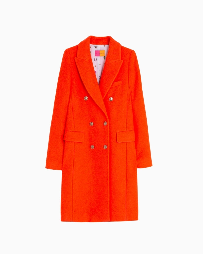 Front view of double-breasted orange coat with flap pockets