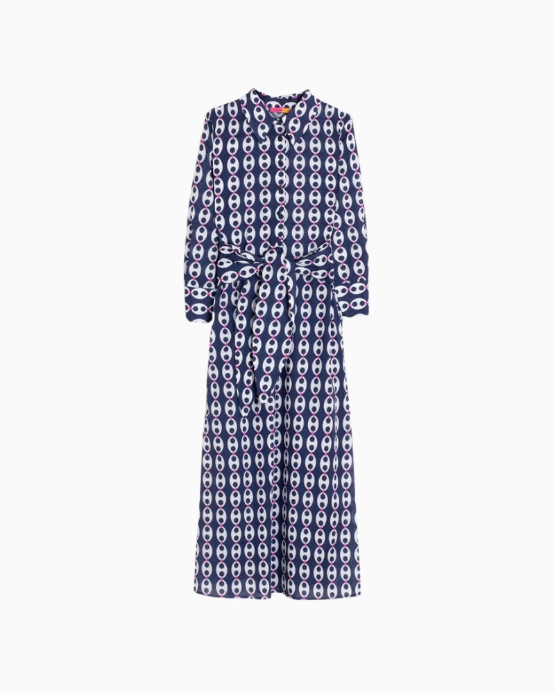 Vilagallo link print shirt dress navy front view white background – Áines Boutique