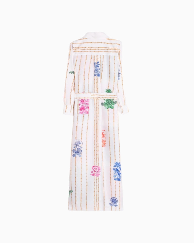 Vilagallo multicolour bamboo print shirt dress back view white background – Áines Boutique