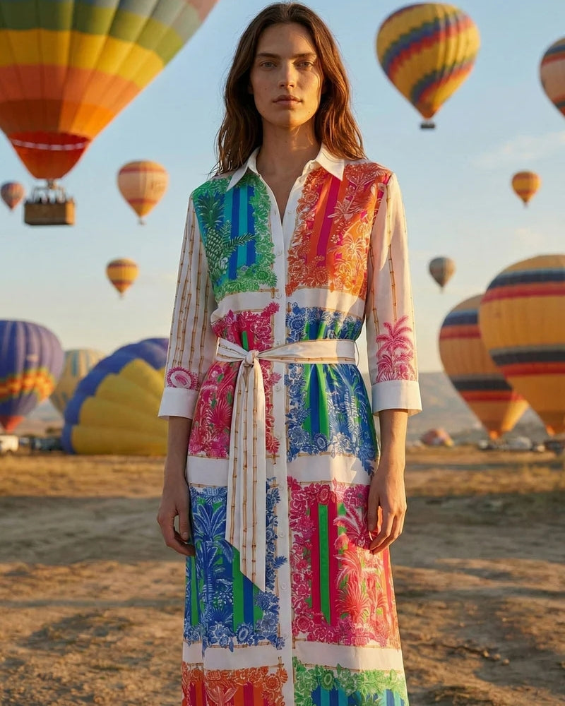 Woman wearing Vilagallo multicolour bamboo print shirt dress – Áines Boutique