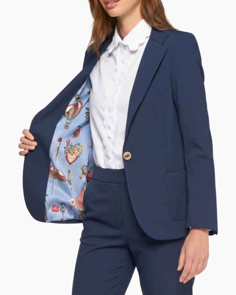 Vilagallo navy blue jacket lapel detail – Áines Boutique