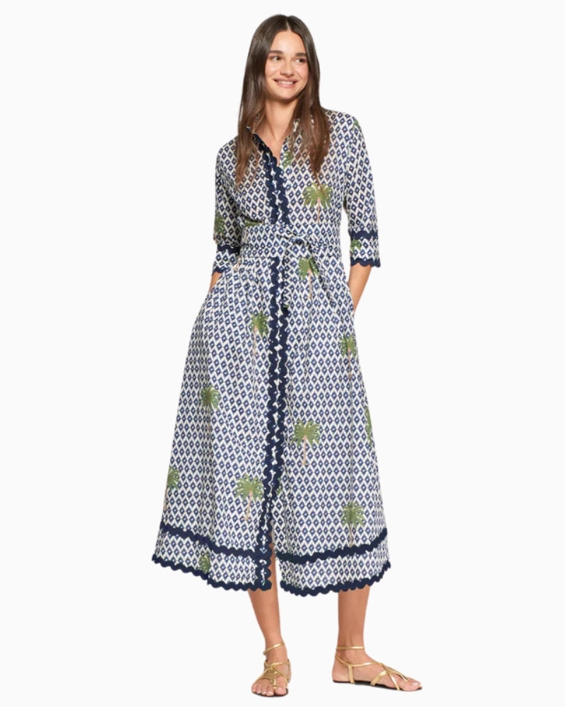 Vilagallo palm print shirt dress blue and white front view – Áines Boutique