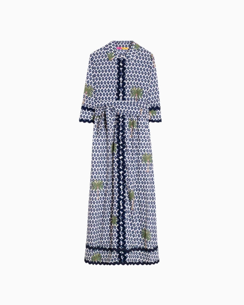 Vilagallo palm print shirt dress blue and white front view white background – Áines Boutique