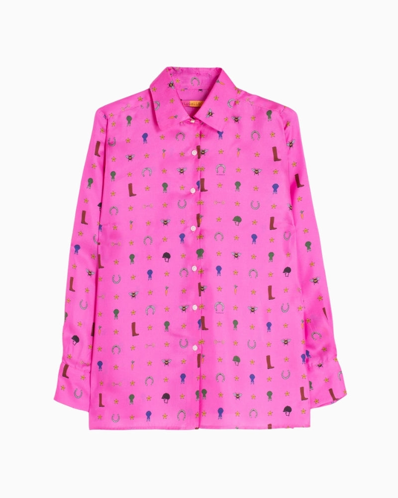 Front view of Vilagallo equestrian print silk blouse with glossy finish and button fastening